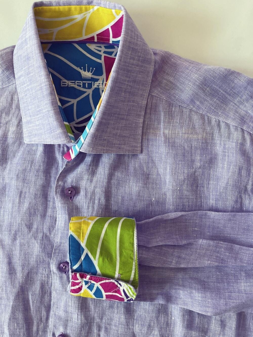 Bertigo Shirt Mens L Purple Linen Long Sleeve Button Up Contrast Cuff Trim
